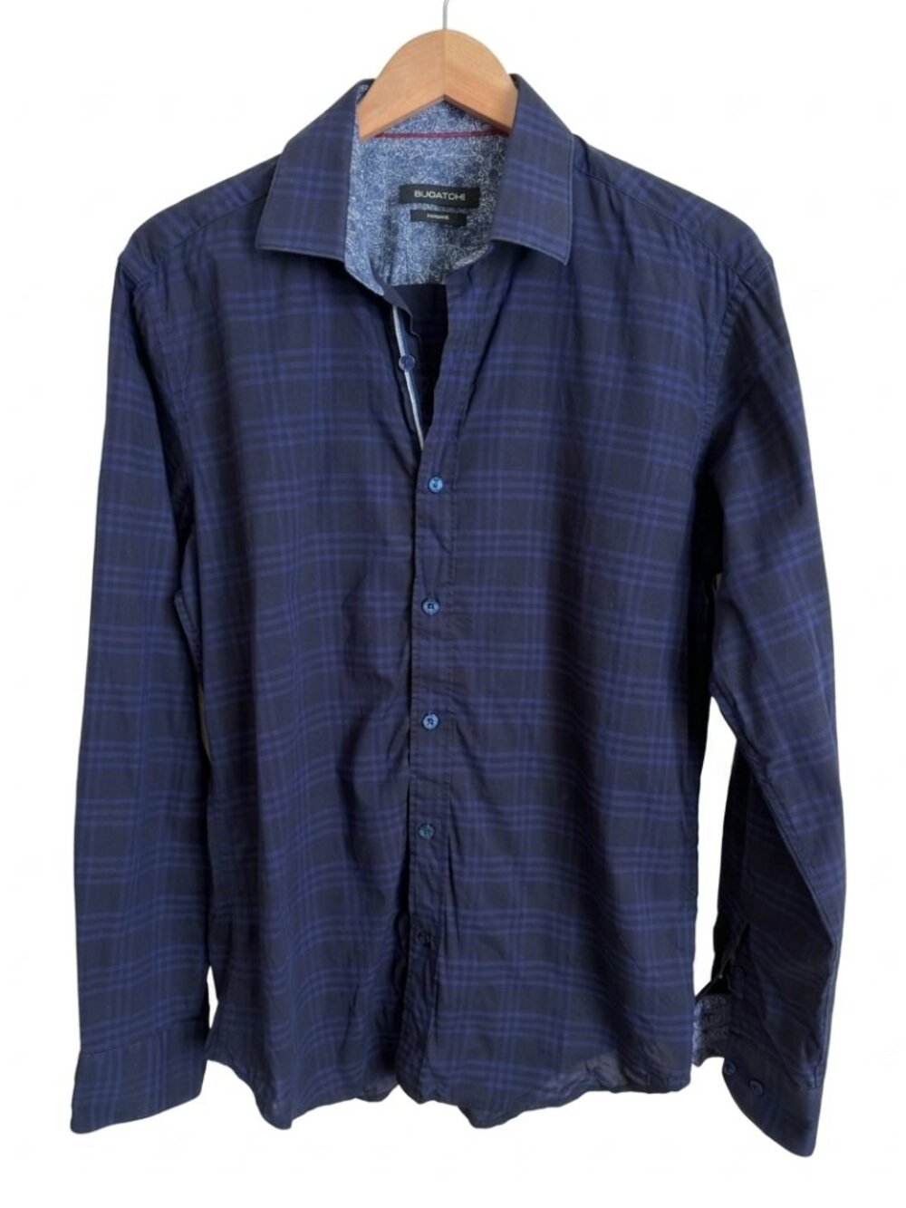 Bugatchi Men's Shaped Fit Plaid Button Up Shirt M Navy Blue Long Sleeve Cotton